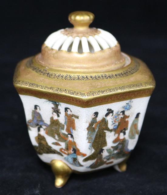A Japanese satsuma pottery koro and cover, 9.5cm